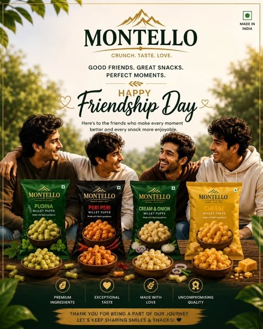 Friendship Day post with friends and Montello Millet Puffs in four flavours