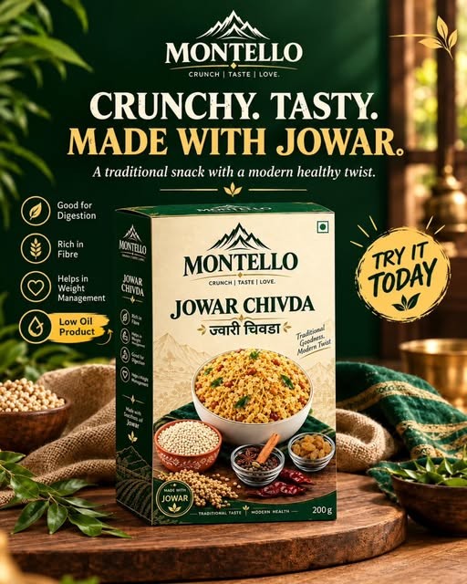 Crunchy. Tasty. Made with Jowar. post with the Montello Jowar Chivda 200g pack