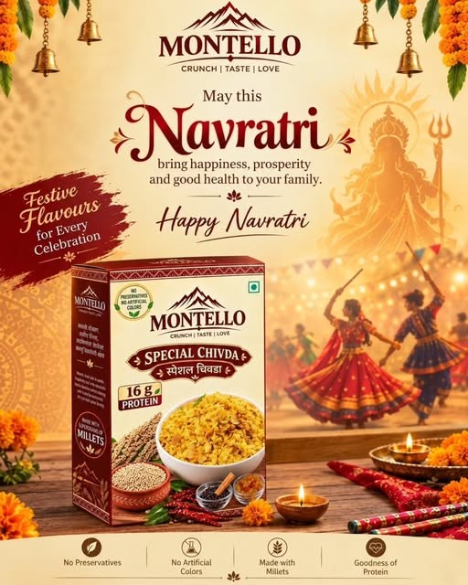 Happy Navratri post with the Montello Special Chivda pack and garba dancers