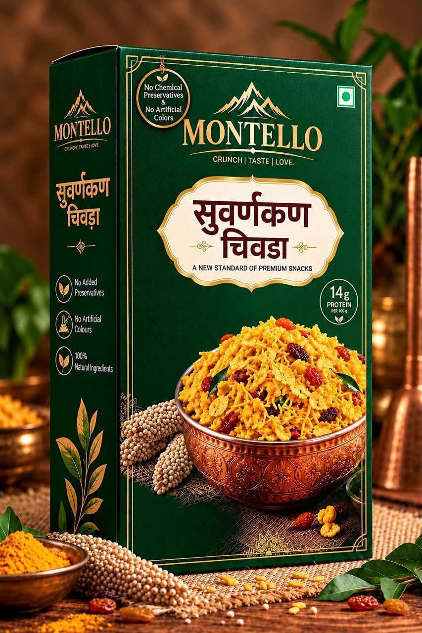 Montello Suvarnakan Jowar Chivda pack in forest green with a copper bowl of golden chivda